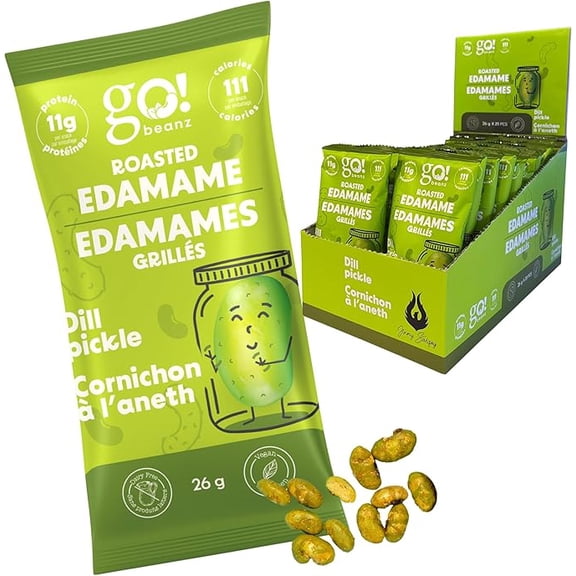 Edamames Rôtis Croustillants, Savoureux Cornichon à l'Aneth Collation Santé Riche en Protéines, pour Adultes et Enfants, 20 Sachets à Portion Individuelle, Faible en Calories, Faible en Sucre à Base de Plantes, Collations Salées