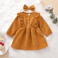 thumbnail image 3 of Toddler Baby Girl Fall Spring Dress Corduroy High-Waist Ruffle Buttons Princess Dress With Bow Headband, 3 of 7