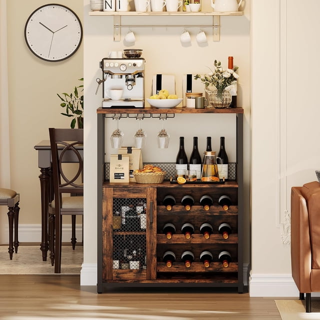Ourlova Industry Coffee Bar Cabinet with Wine Rack and Glass Holder Kitchen Sideboard Buffet Cabinet with Wine Rack Storage with Glass Holder and Mesh Door for Kitchen Living Room and Bar