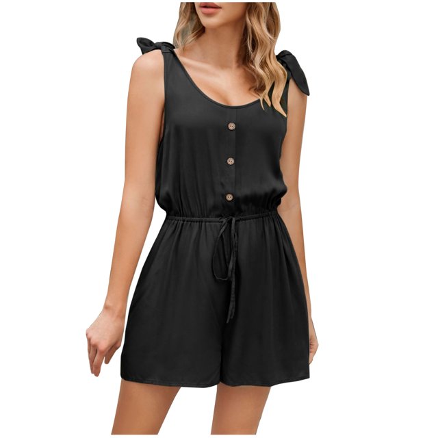 Penkiiy Combinaisons pour Femmes Femmes Dames Unies Été Sans Manches Col Rond Poche Amples Courtes Combinaisons Barboteuses Combinaison Noir P Combinaisons