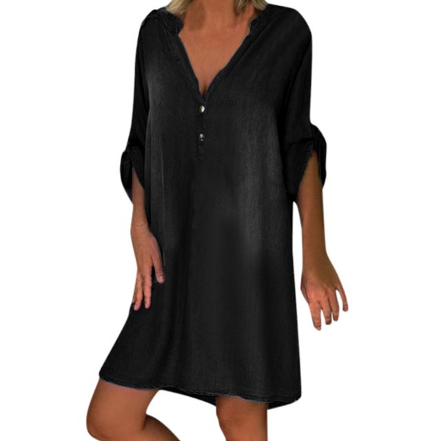 Robe en Denim à Manches Courtes pour Femmes, Robes Courtes à Boutons à Col en V Coupe Ample Robe d'Été en Jean Robe d'Été avec Manches Noir G