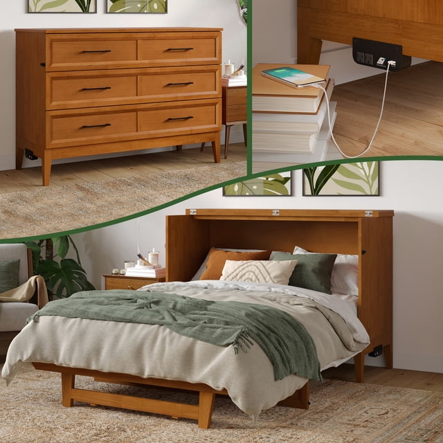 Santa Fe Coffre-Lit Escamotable Double en Bois avec Matelas et Chargeur Intégré en Caramel Pâle. Cette Pièce de Mobilier Multifonctionnelle Présente une construction en Bois Franc Massif avec une Finition en Caramel Pâle, des Poignées Noires Modernes et une station de Recharge USB Intégrée avec un Matelas en Mousse Mémoire Infusée de gel de 9 Pieds, Offrant une Combinaison de Mousse Aérée, de Mousse de gel Rafraîchissante et de Mousse de Soutien pour le Confort. Présenté dans un Décor de Chambre Douillet, le Coffre Se Ferme d'Un Seul Point de Vue, Mettant en Valeur Son design Épuré, et s'Ouvre dans un Autre, Affichant l'Aménagement du Lit