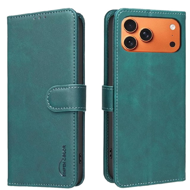 Wallet Case for iPhone 17 Pro RFID Blocking Flip Cover with Card Slots & Kickstand Green