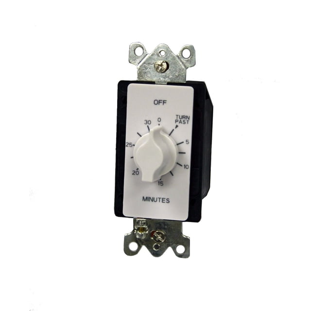 Atron Electro Industries Auto Shut-Off 30 Minute Countdown Timer with a white dial marked from 0 to 30 minutes and OFF setting, mounted on a black rectangular base with metal mounting brackets, suitable for indoor wire-in use with heaters and fans.