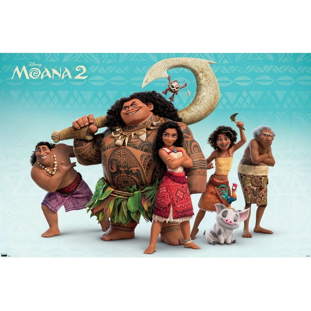 Disney Moana 2 - Affiche Murale de Groupe, 14,725 Pouces x 22,375 Pouces Encadrée Mettant en Vedette des Personnages Animés de Moana 2 sur un Fond à Motif tribal Bleu Pâle. Au Centre Se Tient un Grand Homme Musclé avec des Tatouages Tribaux, une Jupe Feuille Verte et un Grand Crochet Sculpté. à Sa Droite Se Tient une Fille dans une Jupe à Motif Rouge et un Haut Blanc avec Bras Croisés. à Sa Gauche un Garçon en shorts Violets avec un Collier Coquillage Posant Ludiquement.