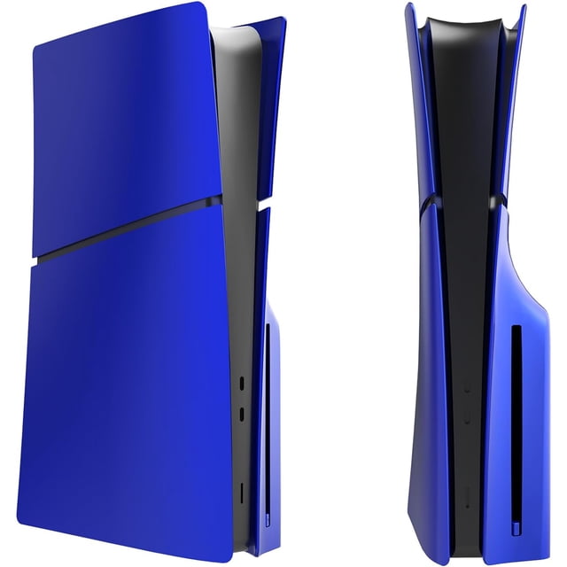 Replacement Panel Shell for PS5 Slim Disc Edition Gaming Console shown in a vibrant blue color. The ABS cover plates are designed to replace the original console covers, offering a sleek and modern aesthetic. Made from durable, impact-resistant ABS material, these faceplates provide lightweight and shockproof protection. The 1:1 precise fit ensures compatibility exclusively with the PS5 Slim Disc Edition. The image displays the front and side views of the console with the replacement faceplates installed, highlighting the seamless fit and stylish design.