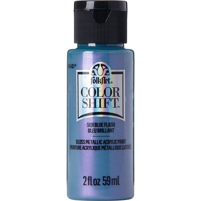 FolkArt Color Shift Acrylic Paint 2 fl oz Blue Flash bottle with glossy metallic blue acrylic paint and black ribbed flip-top cap, labeled in English and French, suitable for craft and art painting projects with a shimmering finish.