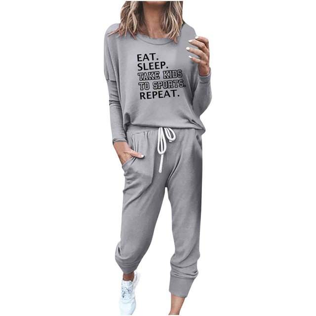 Pisexur Womens Lounge Set 2 Piece Outfits Long Sleeve Letter Print Blouses Tops Drawstring Pockets Long Pants Track Suits Plus Size Vacation Outfits Sweatsuit Set S-5XL