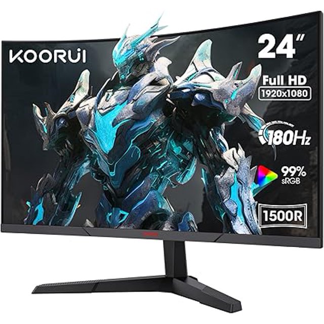 KOORUI Moniteur de Jeu 24 Pouces - Moniteurs Incurvés FHD 1080P 180Hz VA, Synchronisation Adaptative Intégrée avec 1ms, 1500R avec Ultra-Mince, HDMI X2 / DP, Compatible VESA, Inclinaison Réglable, Soin des Yeux 24E6CA