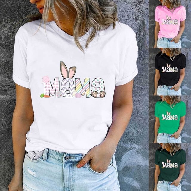 Économies du Printemps! CEHVOM Hauts de Pâques pour Femmes Grande Taille, T-Shirt à Col Rond Mignon avec Imprimé Rabbit pour Femmes, T-Shirt Graphique Mode et Confortable pour Femmes, Haut à Manches Courtes à Col Rond
