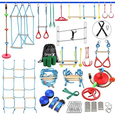 Dripex Ninja Warrior Obstacle Course for Kids - 2X60FT Slacklines with Most Complete Accessories for Kids, Climbing Rope Swing, Trapeze Swing, Ninja Wheel, Webbing Ladder Plus 1.2M Arm Trainer