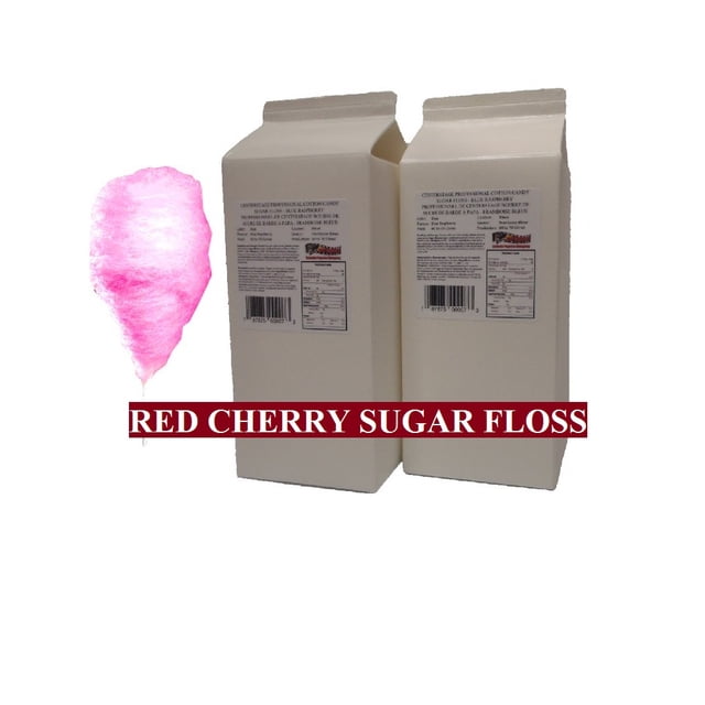 Centerstage Professional Cotton Candy Sugar Floss in cherry flavor, featuring two 3.25 lb cartons of ready-to-use sugar floss. Each carton can produce approximately 60-70 cotton candy cones or 35 cotton candy bags. The cartons are white with detailed product labels, and a pink cotton candy cone is displayed beside them.