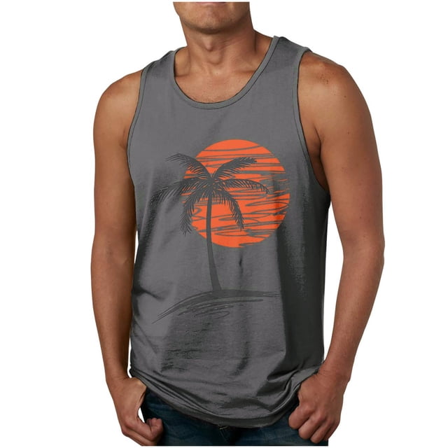 LSLJS Tank Tops Men Coconut Tree Sunset Print Sleeveless Muscle Shirt Beach Tank Tops. This men's sleeveless tank top features a grey base with a vibrant orange sunset and coconut tree print on the front. Made from a cotton-polyester blend, it is lightweight and suitable for casual, outdoor, and daily wear. The relaxed fit and sleeveless design provide comfort and ease of movement, ideal for activities like jogging, fitness, or beach outings. Shown paired with jeans.