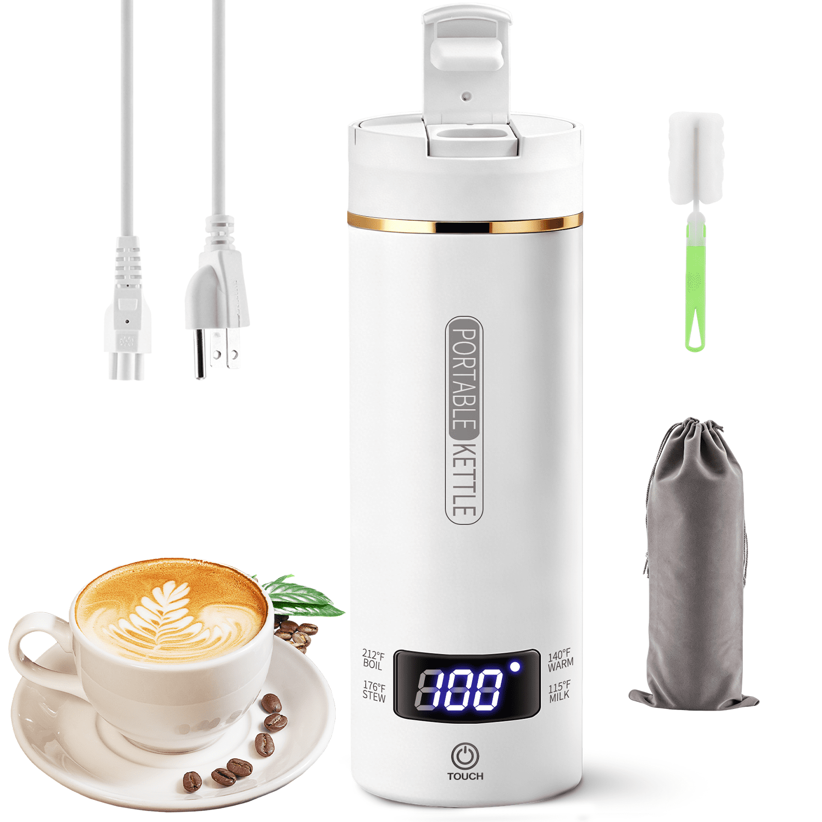 Xinwoshi Travel Electric Kettle,Portable Small Mini Tea Coffee Kettle Water Boiler,Constant Temperature Insulation Electric Cup,Liquid Crystal Display,Multi Stage Temperature Control,White