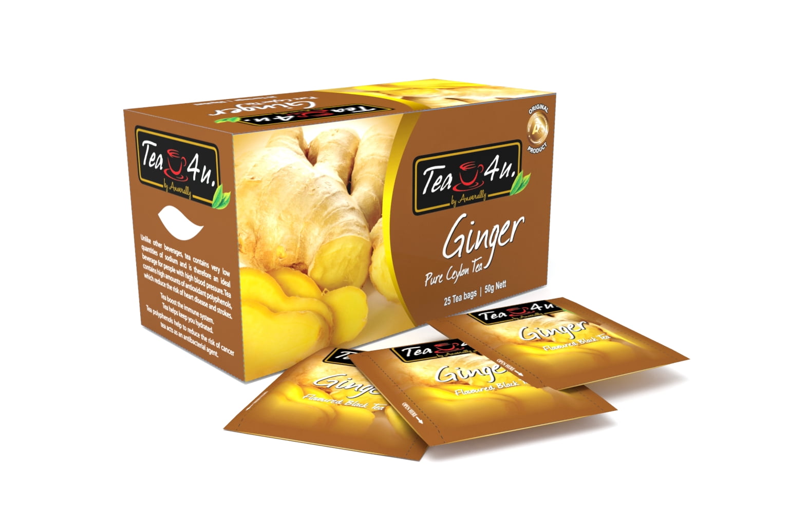 Tea4U Ginger Black Tea, Ceylon Tea, Box of 25 Teabags
