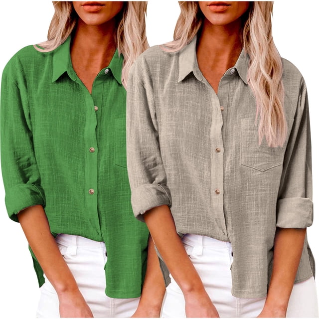 Timegard 2pc Cotton Linen Shirts for Women Plus Size Button up Side Split Blouse Fall Solid Color Tops
