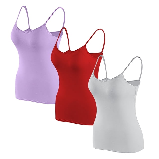 Timegard Camisoles pour Femmes 3 Pcs avec Soutien-Gorge Intégré Col Rond Bretelles Spaghetti Ajustées Douces Maillots de Corps Décontractés Hauts de Pyjama