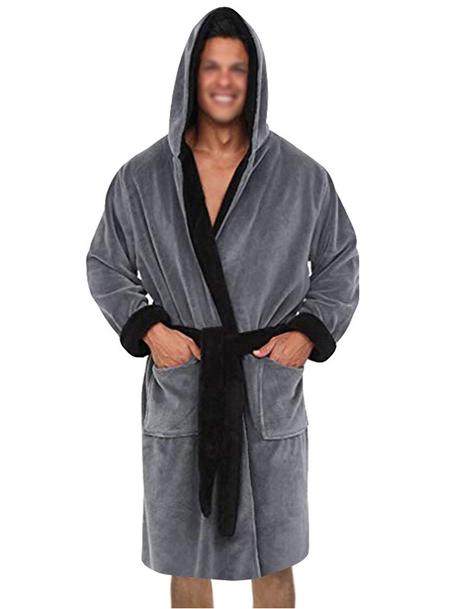 Innerwin Bath Robes Hoodie Men's Wrap Robe Winter Long Sleeve Soft Dressing Gown Gray Black 4XL