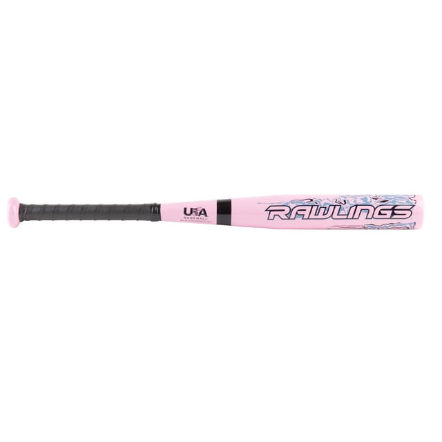 Rawlings T-Ball Bat -Pink with a 2-inch barrel and lightweight design for youth baseball. The bat has a pink barrel, black grip tape, and the Rawlings logo in bold letters, featuring a USA Baseball certification near the handle. It is ideal for developing power and control in young players and often used for beginner training in team sports.