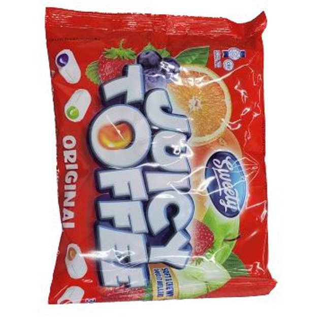 Sweety Toffees Cream Filled Original 25pk 340g pack in red packaging featuring cream-filled caramel candies with images of strawberries, blueberries, and orange slices, ideal for caramel candy snack enjoyment.