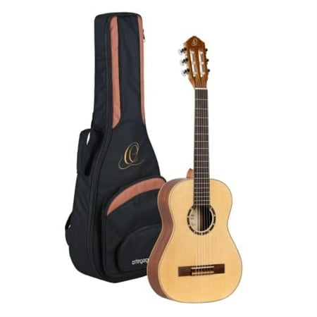 Série Familiale Guitare Classique en Nylon Taille 1/2 avec Sac par Ortega Guitars. Comprend une Toupie en Épinette, un Dos et des Côtés en Acajou, et une Finition Satinée Naturelle. Comprend une Toupie en Acajou, une Toupie et un Pont en Noyer, une Reliure en Érable, et un Violets en ABS. Conçue avec une Échelle de 560 mm, une Profondeur de Corps de 85 mm, une Largeur d'Écrou de 43,5 mm, 18 Frettes et une Tige de Treillis Bidirectionnelle. Équipée de machines d'Accord