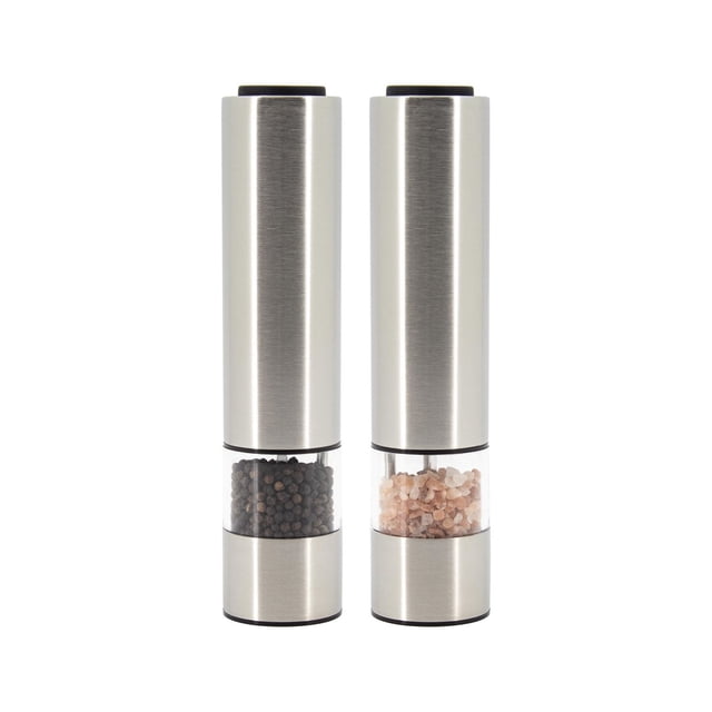 Farberware set of 2 battery operated grinders with light, 9 inches tall, stainless steel with clear midsections showing black peppercorns and pink Himalayan salt crystals, featuring LED lights for precise seasoning and ceramic grinding mechanism, often used for salt and pepper.