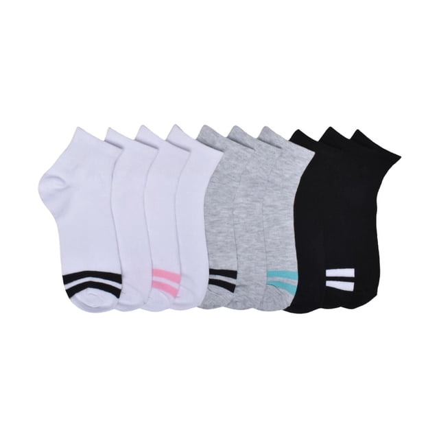 Athletic Works Ladies 10pk Ankle Socks with ten ankle-length socks in white, grey, and black featuring varsity-style double stripes near the toes in black, pink, teal, and white. Made from 97% polyester and 3% spandex for a comfortable, stretchy fit, designed for women's shoe sizes 4-10, suitable for casual, athletic, and light indoor activities.