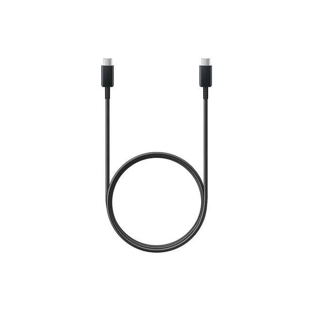 Samsung USB Type-C To Type-C Cable with black flexible cord and USB-C connectors on both ends, supporting 5A charging and USB 2.0 data transfer, compatible with Galaxy Note10 series, shown coiled on a white background, also suitable for syncing data between USB-C devices.