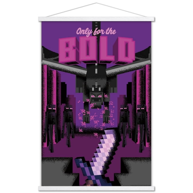 Minecraft: Discover - Only For The Bold Wall Poster, 14.725" x 22.375" framed, featuring pixelated Minecraft wall art with a purple background showing a large black dragon with pink eyes and particles, six tall black Endermen, and a pixelated sword in the foreground, suitable for home décor and gaming rooms.