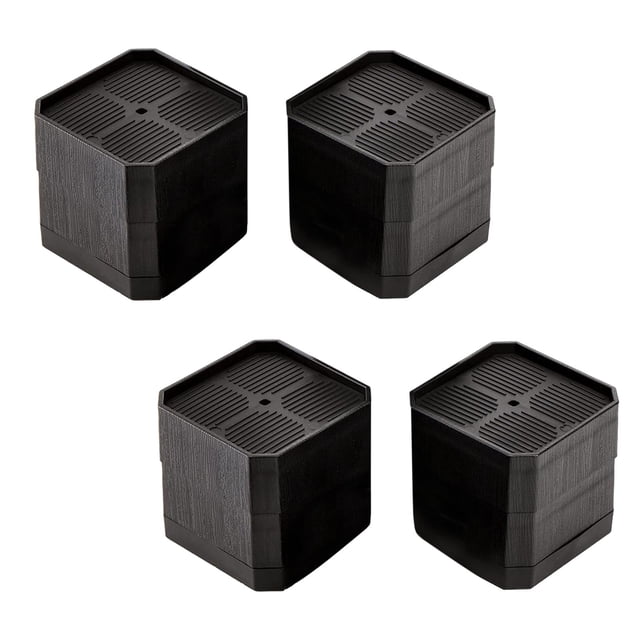 Bed Risers Non Skid Sofa Riser Lifts Floor Protector Furniture Leg Risers 2 inch 8PCS. A set of four black hexagonal furniture risers made of durable plastic with a textured surface and rubberized non-slip bottoms. Adjustable height design elevates furniture legs by 2 inches, providing storage space, shock absorption, and floor protection.