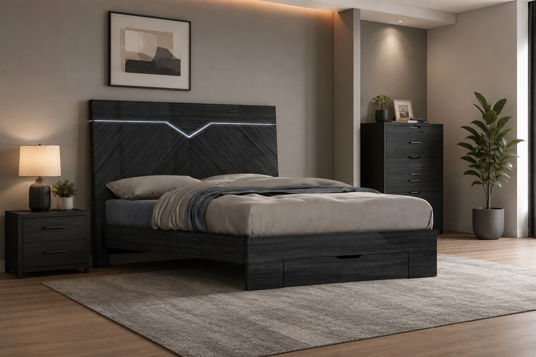 K-Living Stark King Size Bed for Adults, Angley Grey Lacquer Finish with Accent LED Lights