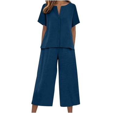 Wo-Fusoul Polyester Matching Set for Women, Solid Two-Piece Set with Short Sleeve Button-Up Shirt and Pocket Pants, Loose Round Neck Casual Outfit