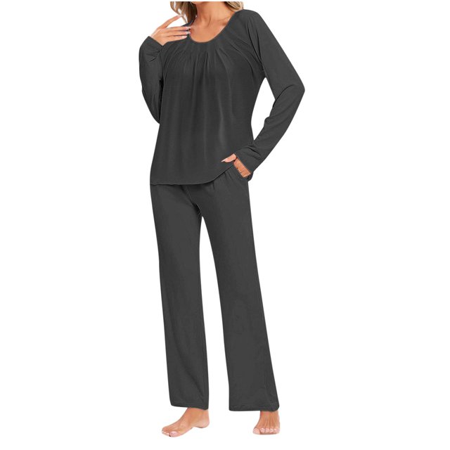 Timegard Ensembles de Pyjamas pour Femmes Confortables, Haut à Manches Longues Froncé à Col Rond et Pantalon, Tenues de Pyjama Amples pour l'Automne