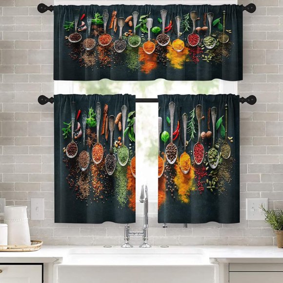 Spices and Herbs Kitchen Curtains Farmhouse Window Curtains Valance and Tier Set of 3, Vintage Short Tier Curtain for Bathroom, Small Cafe Curtains for Kitchen Decor 52" x 24"