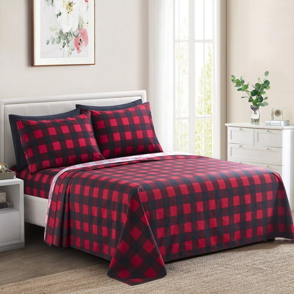 Marina Decoration Ultra Soft Silky Deep Pocket Rich Printed Bedding Rayon from Bamboo All Season Sheet Set with Pillowcases, Red Black Plaid Pattern