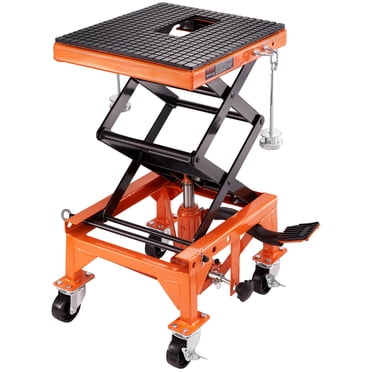 VEVOR Table de Levage Hydraulique pour Moto, Vérin à Ciseaux pour Moto Capacité de 350 Lb avec Plateau Grand, Crochets en J, 4 Roues, Support de Vérin Hydraulique à Pédale pour VTT Motos hors Route