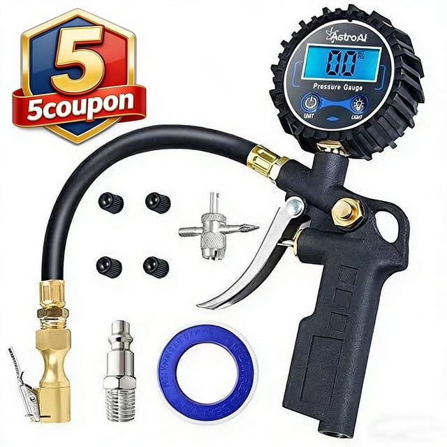 AstroAI Gonfleur de Pneus Numérique avec Manomètre, 250 PSI, Doté d'Un Tuyau en Caoutchouc Robuste Noir, d'Un Coupleur à Connexion Rapide et d'Un Écran LCD Rétroéclairé avec une Résolution de 0,1 PSI. Comprend des Accessoires Tels Que des Capuchons de valve, un Mandrin d'Air en Laiton, un Raccord en Acier NPT, un Ruban d'Étanchéité de Filetage et un Outil de Noyau de valve. Conçu pour Gonfler, Dégonfler et Vérifier la Pression des Pneus avec une Précision Avancée et une Compatibilité avec les Tiges de valve Schrader