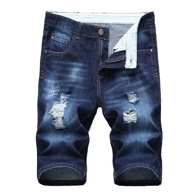 Cameland Men's Ripped Denim Trunks Stretchy Washed Jeans Trunks Cut-off Classic Fit Biker Jeans Trunks