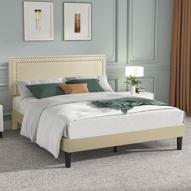 VECELO Full Upholstered Platform Bed Frame with Adjustable Height Headboard, Strong Wood Slat Support, No Box Spring Needed, Beige