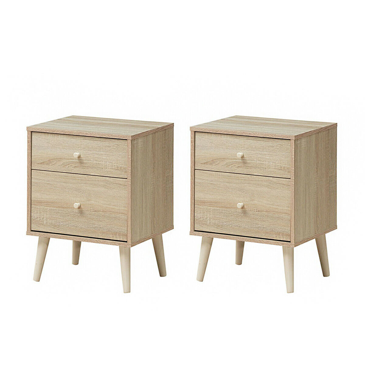Gymax Set of 2 Nightstand 2-Drawer Beside End Side Table w/Rubber Legs Oak Finish