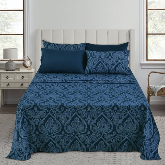 Lux Decor Collection Ensemble de Draps pour Lit California Très Grand - Literie 6 Pcs - Microfibre Brossée - Résistant au Rétrécissement et à la Décoloration - Entretien Facile (California Très Grand, Bleu Marine)
