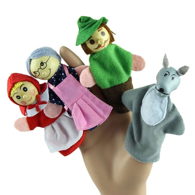 Ensemble de 4 Pcs Petites Marionnettes à Doigt Rouges à Chevaucher Jouet Éducatif pour Bébé à Tête en Bois