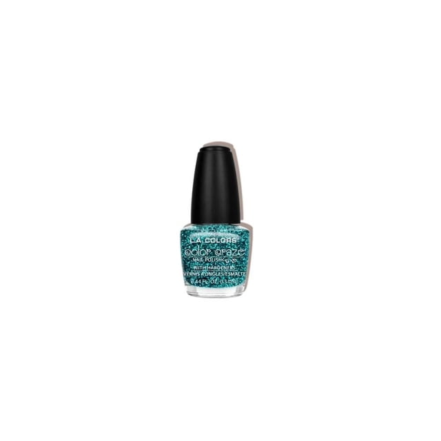 Color Craze Polish Treasure Island by L.A. Colors, a 13ml bottle of sparkly turquoise nail polish with hardeners to strengthen nails, shown front-facing with a black cap on a white background, perfect for adding vibrant, durable color to fingers and toes.