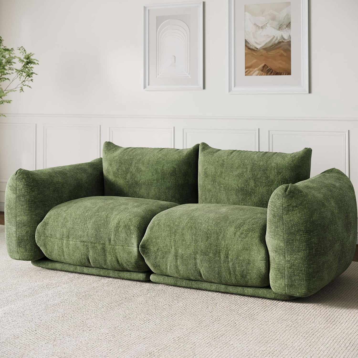 Chenille Fabric Modular Love Seat Sofa, 2-Seater Cloud Couch with High Resilience Sponge, Small Space Boneless Sofa for Apartment, Office, or Living Room, Green