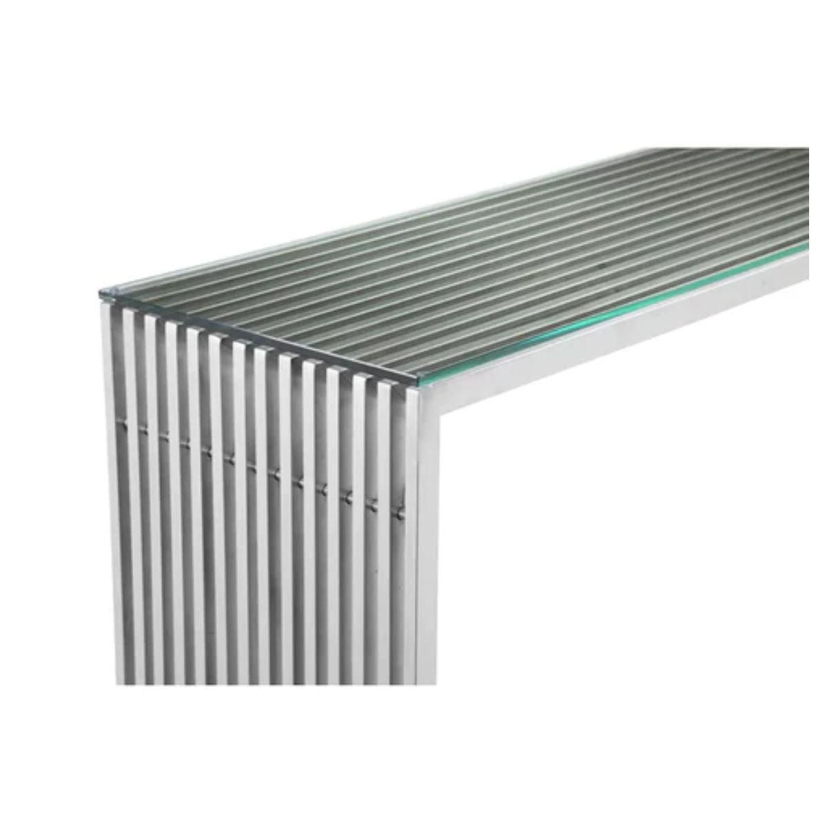Table console Deanna Slate en acier inoxydable avec plateau en verre transparent