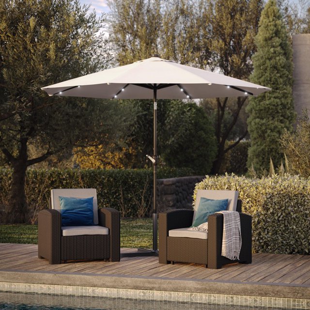 CorLiving Pegasus 9Ft Round Tilting Patio Umbrella with Solar Powered LED Lights and Powder-Coated Steel Frame