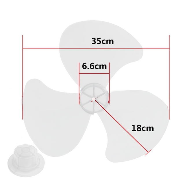 MYG 16 Inch Household Plastic Fan Blade with three leaves and a nut cover, designed for pedestal or table fans. Made of lightweight and durable PP plastic, this black fan blade measures 16 inches in diameter and features a three-blade design for efficient airflow. The package includes one fan blade and a nut cover, suitable as a replacement part for 16-inch standing or desk fans. Dimensions are clearly marked, with a blade span of 35 cm and a central hub diameter of 6.6 cm.