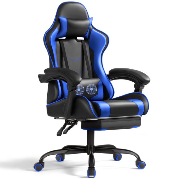 Homall Chaise de Jeu en Cuir PU avec Repose-Pieds et Soutien Lombaire, Massage, Chaise Ergonomique pour Gamer, Hauteur Réglable, Chaise d'Ordinateur, Bleu