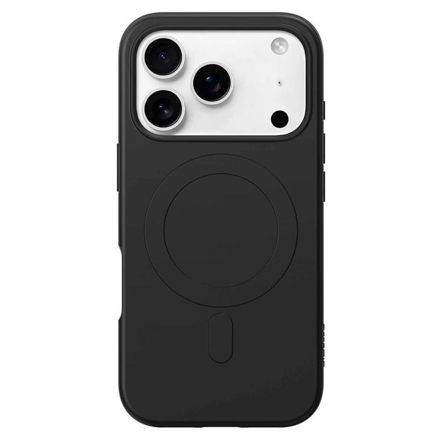 Nimbus9 Alto 2 MagSafe Case Black for iPhone 17 Pro shown from the back with a centered view. The slim black case features a matte finish, integrated circular MagSafe mounting system, raised camera edge protection around the triple lens module, FLEXONITE construction for 16ft drop protection, responsive real sense buttons, and an anti-slip grip for secure wireless charging and mounting.
