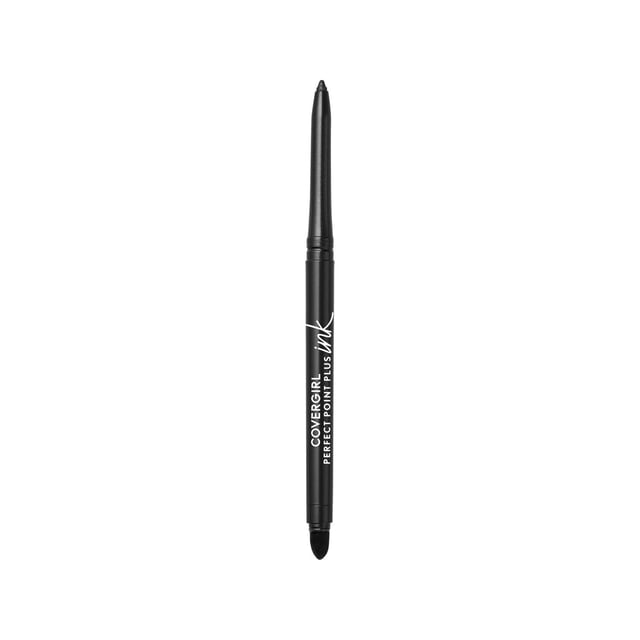 COVERGIRL Perfect Point Plus Ink Gel Eye Pencil in black with a slim, retractable design featuring a precise tip and built-in smudger, offering smudge-proof, long-wearing, pigmented eyeliner with a vegan formula suitable for sensitive eyes and contact lens wearers.